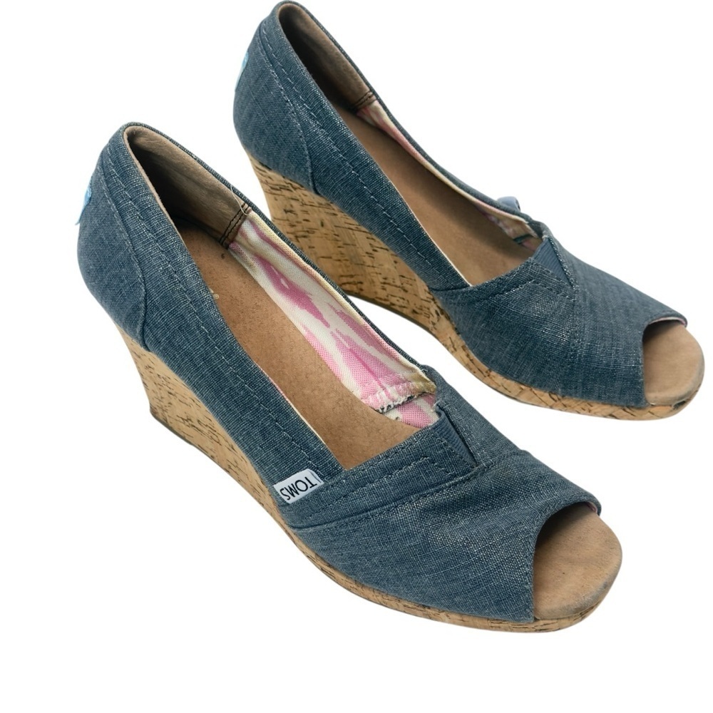 Toms Blue and Tan Cork Peep Toe Wedge Espadrilles